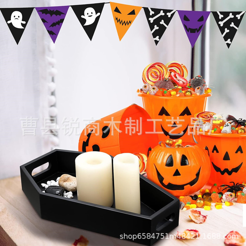 木质棺材托盘万圣节黑色托盘哥特式浴托盘浴室蜡烛水晶收纳盒BS