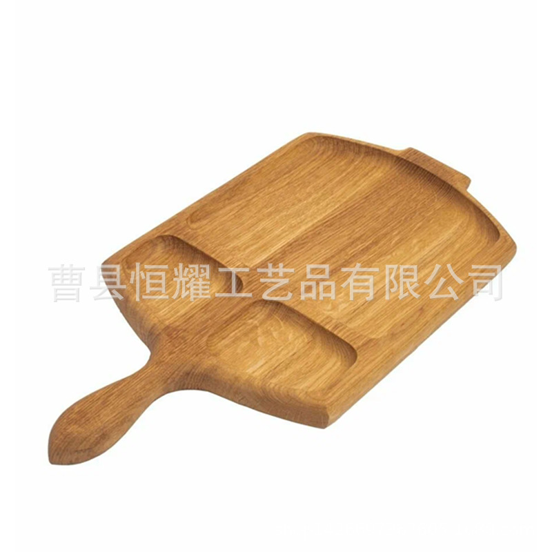 橡木牛排餐盘带把手西餐厅小吃蘸料盘家用三分格早餐托盘厂家直销