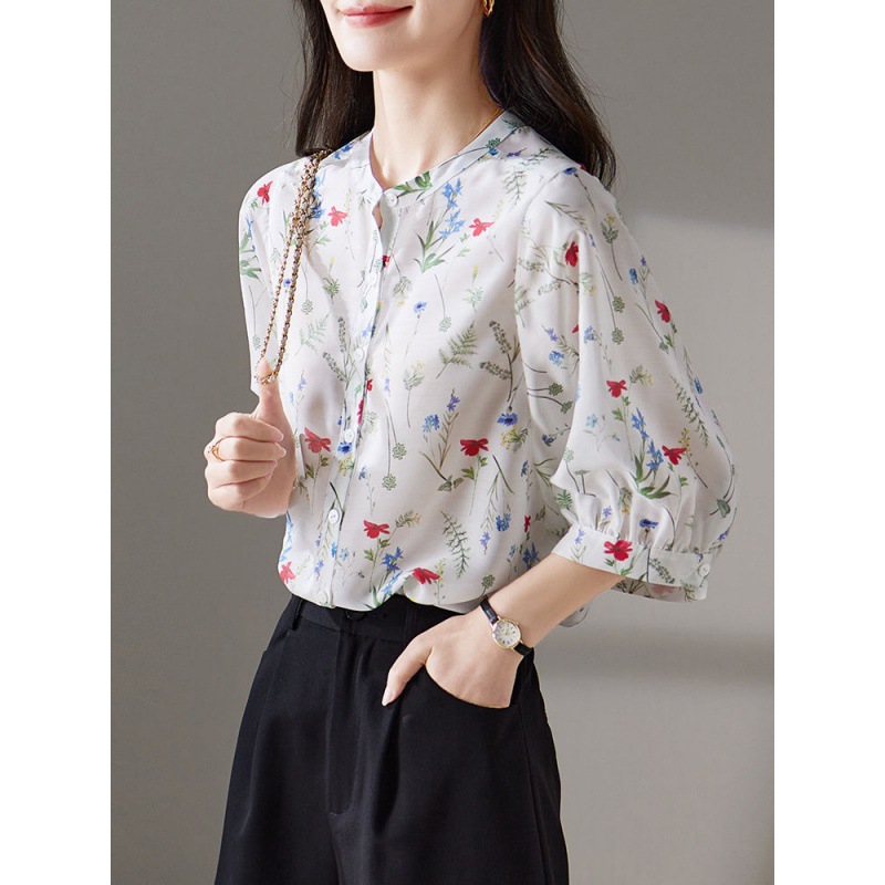 雪纺衫女七分袖夏季2023新款衬衫宽松小清新印花遮肚子显瘦上