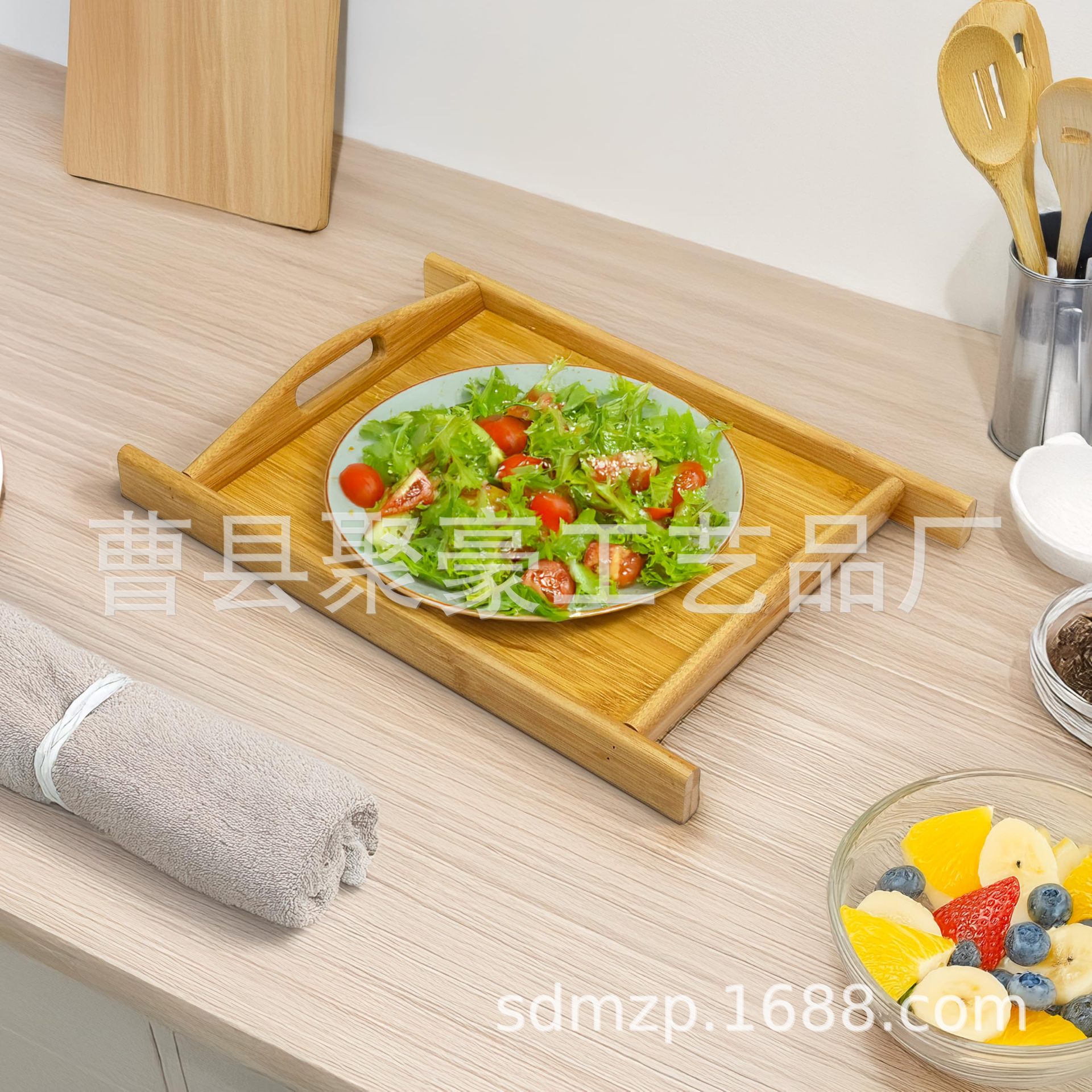 竹制餐厅快餐盘水果托盘长方形双耳竹托盘环保家用茶水杯提手盘子