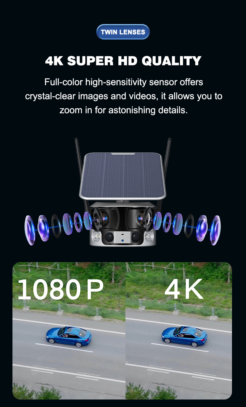 户外太阳能双目摄像机4K高清WIFI 4G夜视全彩 360度