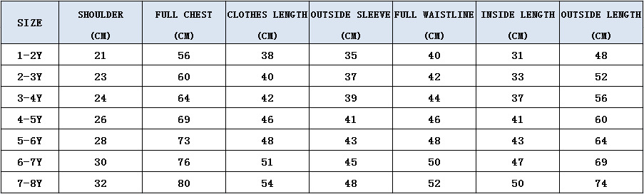 长袖长裤尺寸表