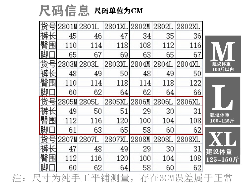 短裤尺码表全