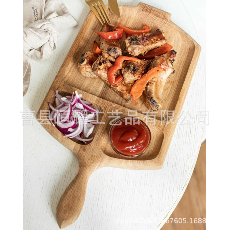 橡木牛排餐盘带把手西餐厅小吃蘸料盘家用三分格早餐托盘厂家直销