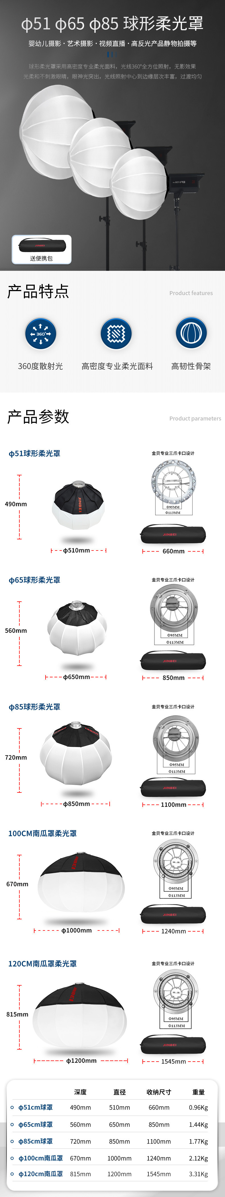 金贝51CM/65cm/85CM球形柔光罩柔光箱柔