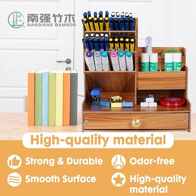 木制办公桌收纳盒,桌面文具支架,用于笔标记,化妆刷,口红存储