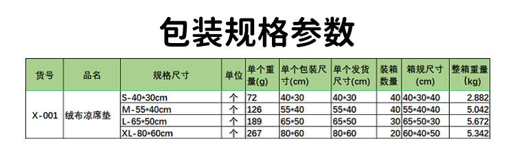 包装规格参数-X-001-绒布凉席垫