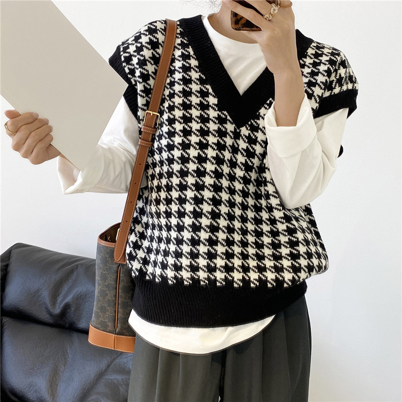 千鸟格针织马甲女 秋季V领撞色宽松百搭毛衣背心日系套头内搭坎肩