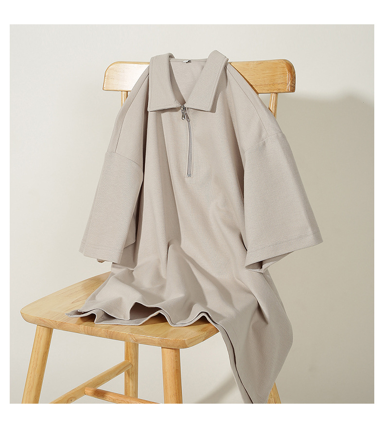 登爵男装220g半拉链短袖t恤男2024新款宽松简约设计感翻