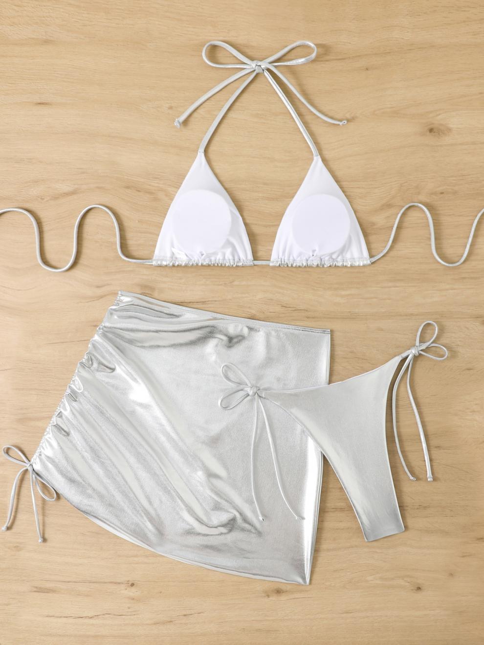 商品详情图_欧美新款泳衣女烫金三件套性感比基尼纯色金属分体三