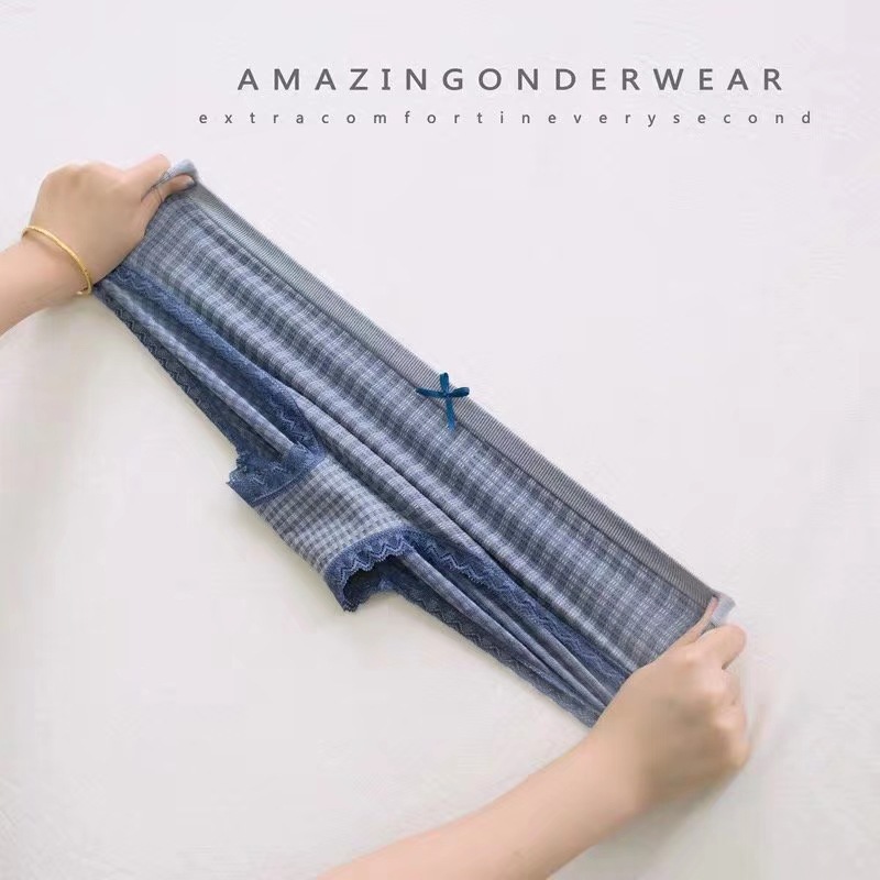 帮手描述图：日系格子少女内裤中腰无缝石墨烯纯棉裆蕾丝边提臀可