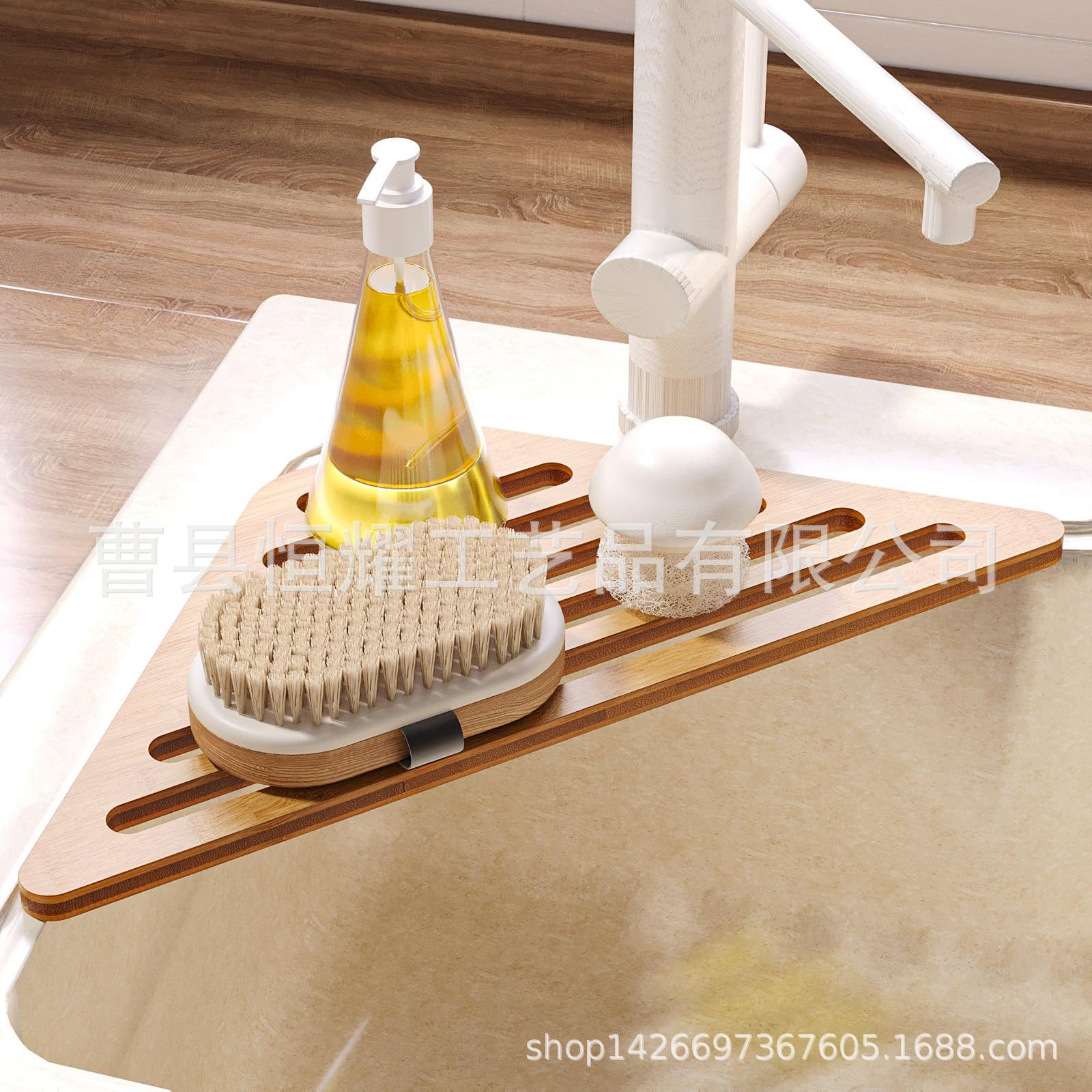 跨境竹制水槽沥水架三角形餐具干燥架洗手台肥皂架厂家直销可定制