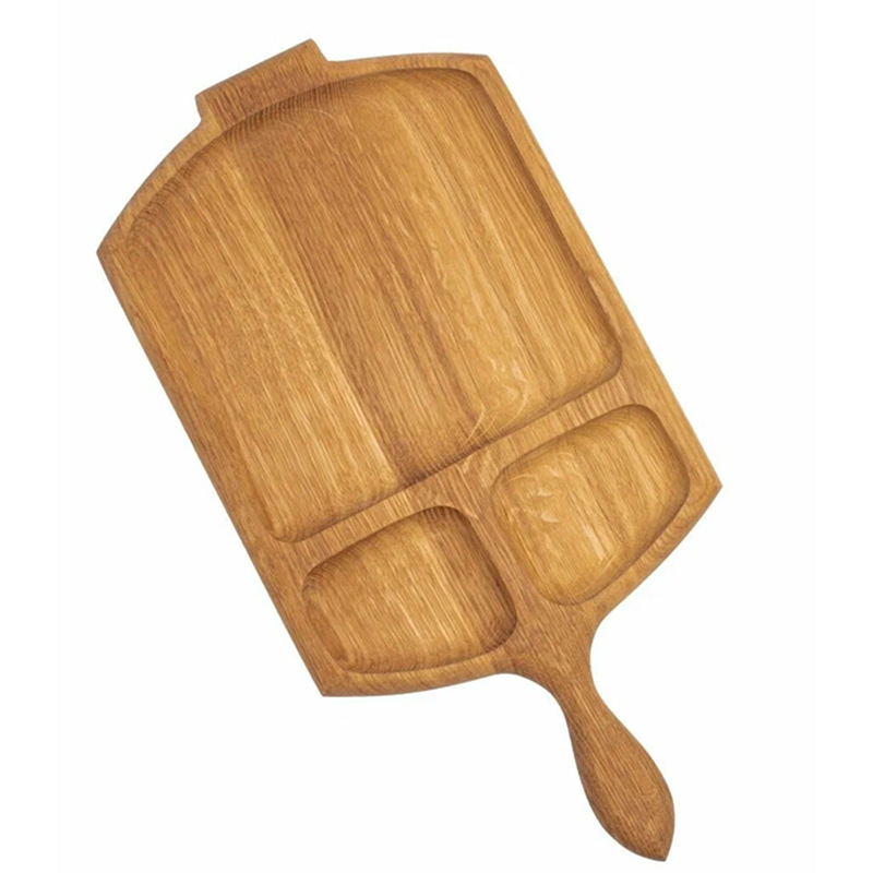 橡木牛排餐盘带把手西餐厅小吃蘸料盘家用三分格早餐托盘厂家直销