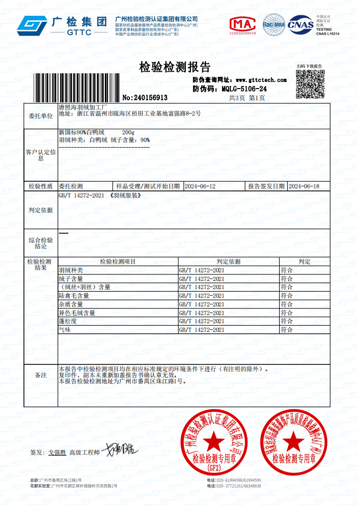 羽绒服质检报告1