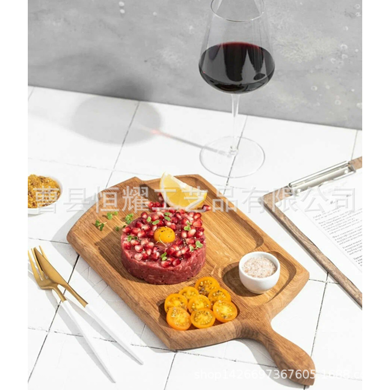橡木牛排餐盘带把手西餐厅小吃蘸料盘家用三分格早餐托盘厂家直销