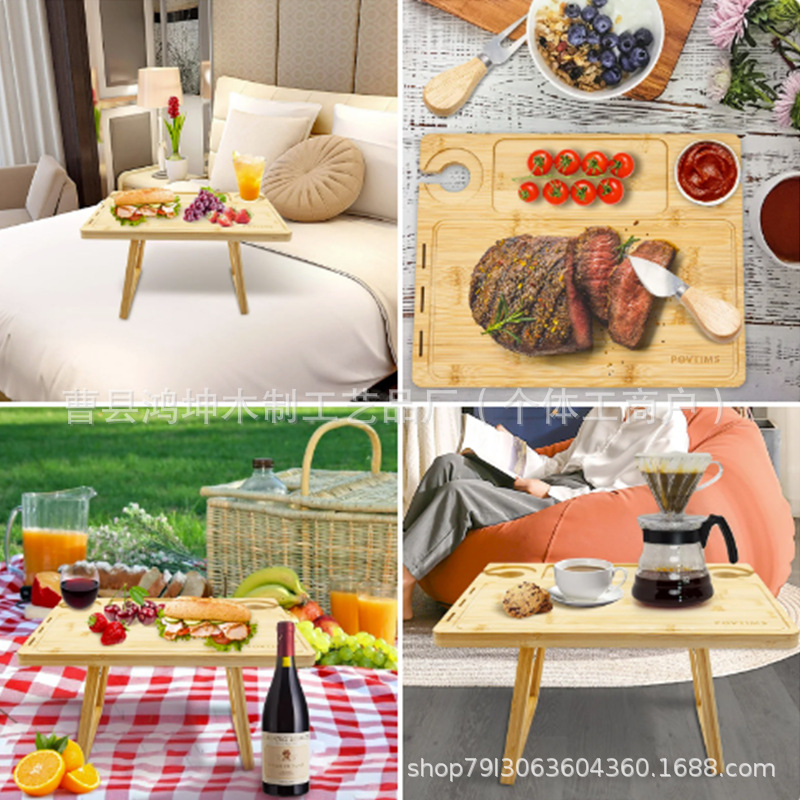 竹制野餐桌户外露营便携式竹木折叠餐桌方形红酒杯桌沙滩烧烤桌