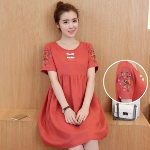 Maternity 2021 Summer New Vintage Cotton and Linen Embroidered Maternity Dress Short Sleeve Mid-length