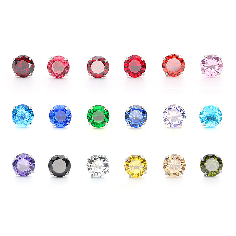 New European And American Style Titanium Steel Four-prong 6mm Crystal AAA Colored Zircon Fine Needle Earrings For Women,_voghion.com
