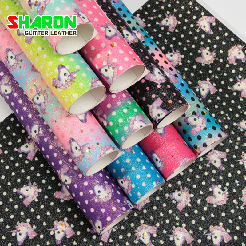 SR18056 ins波点独角兽印花彩虹格利特pu面料 闪光七彩箱包格丽特