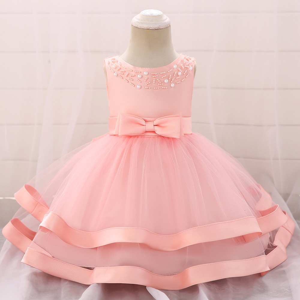 2024 Amazon Infant and Toddler Dress Baby Girl One Year Old Princess Dress Beaded Baby Puffy Cake Dress