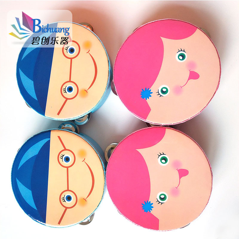 Blue smiling face tambourine drum Kindergarten music early education toys Orff instrument Pink tambourine