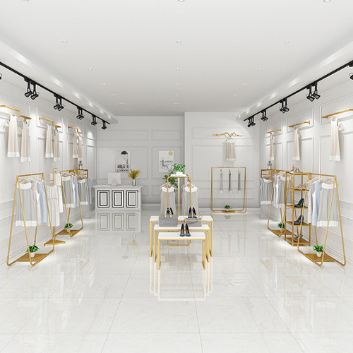 Luxury clothing display rack for clothing store, women's clothing store, wall-mounted shelf, floor-standing side hanging display rack combination