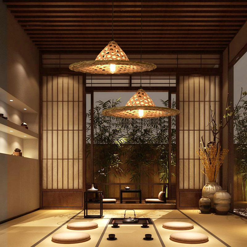 Estilo chino de bambú tejida cubo araña de paja sombrero pantalla rural granja personalidad creativa olla caliente restaurante araña