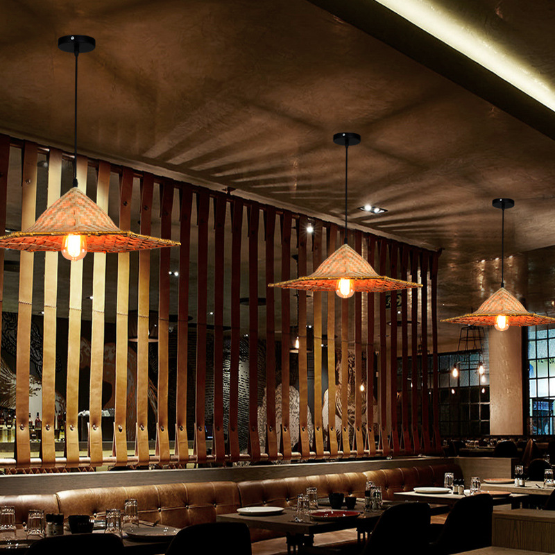 Lámpara de Techo Estilo Chino de Bambú, Iluminación Retro Nostálgica con Forma de Sombrero de Paja, para Restaurante de Hot Pot, Restaurante de Cocina Local, Pantalla de Lámpara con Forma de Sombrero