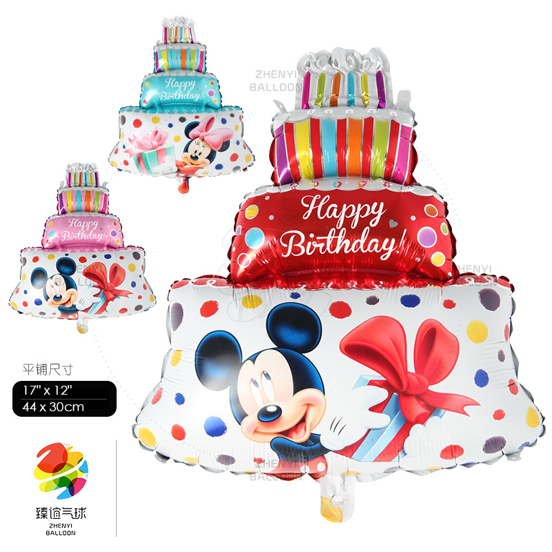 儿童生日派对装饰三层蛋糕铝膜气球卡通米妮米奇生日蛋糕铝箔气球