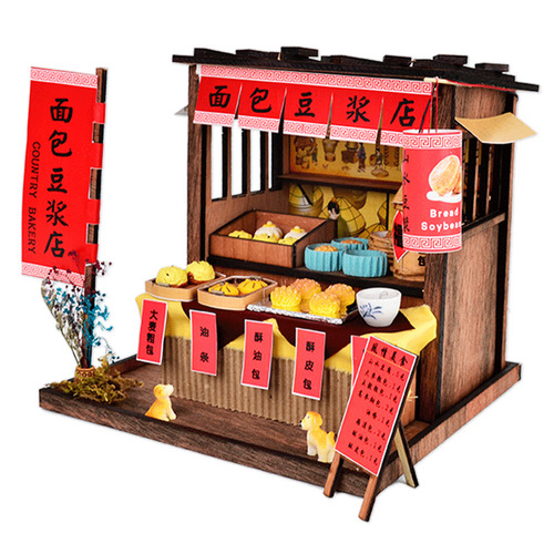 Creative Chinese-style Japanese-style diy cabin wooden hand-assembled street scene theater DIY ornaments retro food and toy model