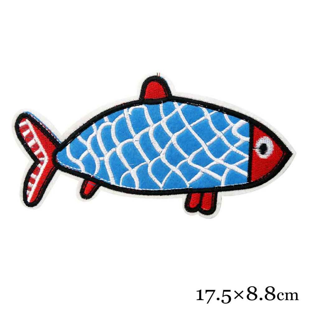无纺布胸章工厂直销 贴布绣蓝色鲤鱼图案贴花公仔 绣花布贴订生产