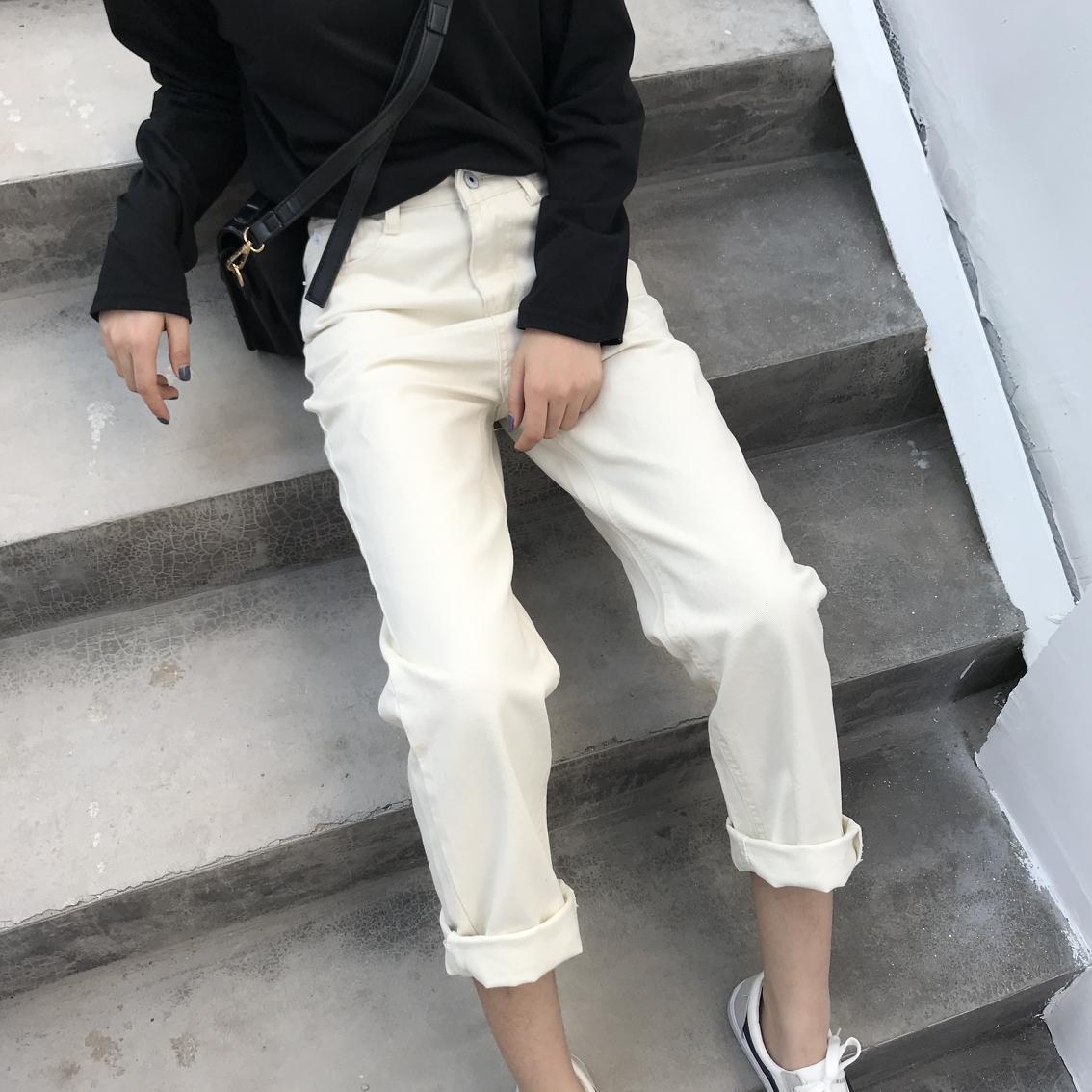 Cross-border Supply 2023 Primavera e Autunno Stile coreano Nuovo Studente O Ff-White Jeans a gamba dritta per donna, gamba larga_voghion.com