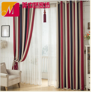 Mediterranean red and blue vertical stripes curtain fabric pastoral shading children's bedroom fabric manufacturers special clearance treatment