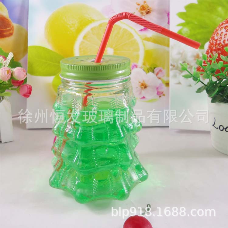 厂家直销创意饮料瓶玻璃奶茶瓶 500ml玻璃瓶圣诞树果汁瓶加工喷色