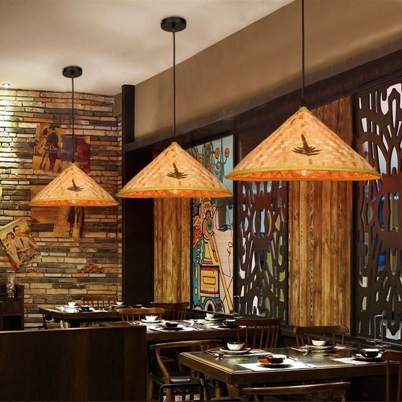 Lámpara de Techo Estilo Chino de Bambú, Iluminación Retro Nostálgica con Forma de Sombrero de Paja, para Restaurante de Hot Pot, Restaurante de Cocina Local, Pantalla de Lámpara con Forma de Sombrero