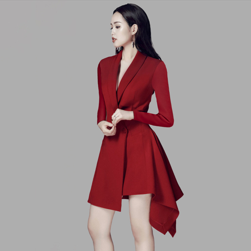 High-end women's autumn/winter new slim-fit burgundy long-sleeved mid-length asymmetrical dress with blazer