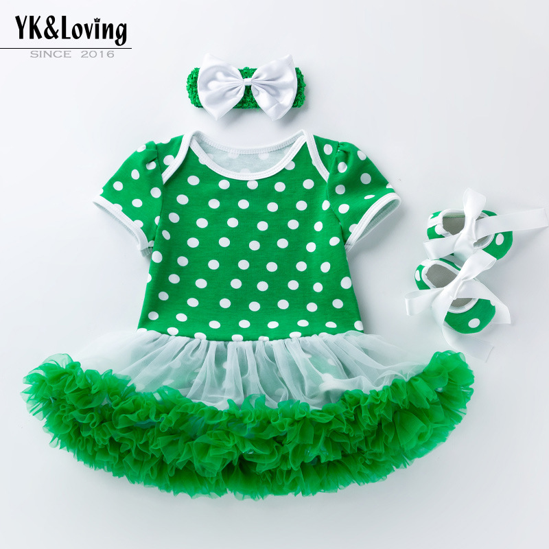 Cross-Border New Product St. Patrick's Cotton Polka Dot Short-Sleeved Dress Baby Green Mesh Princess Dress Children's Dress Suit