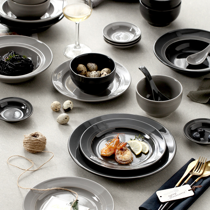 Nórdico negro gris ins simple cerámica vajilla traje hogar arroz tazón sopa plato combinación traje image 3