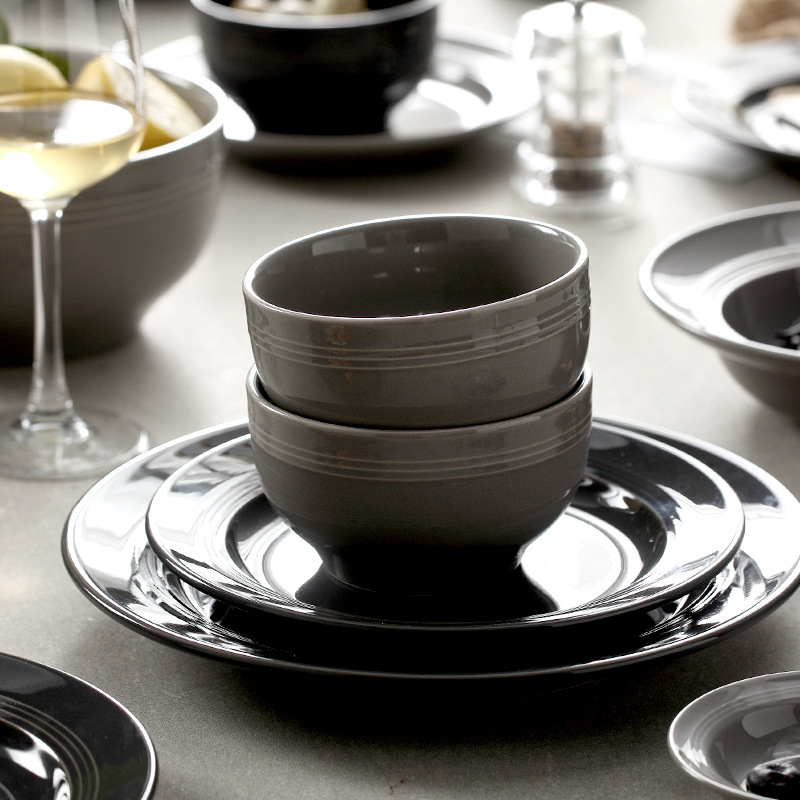 Nórdico negro gris ins simple cerámica vajilla traje hogar arroz tazón sopa plato combinación traje image 5