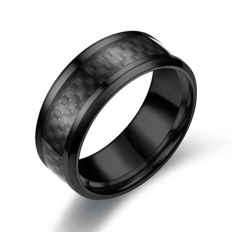 Cross-Border Carbon Fiber Ring European and American Fashion Titanium Steel Ring Men's Retro Ring Double Beveled Black Black Carbon Fiber