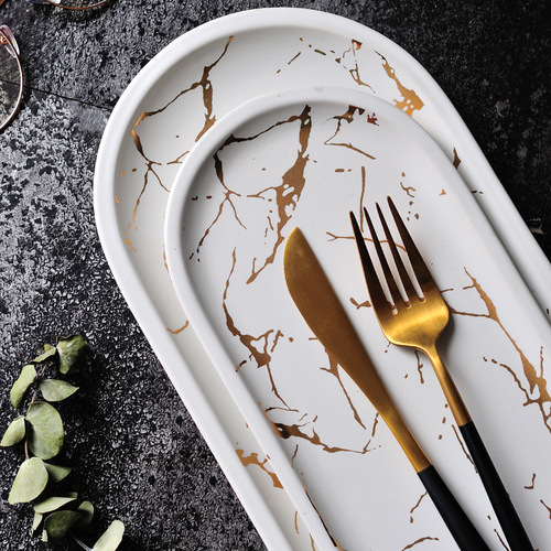 Nordic-style marble pattern rectangular ceramic plate irregular Western dinner plate sushi plate home use tray jewelry plate