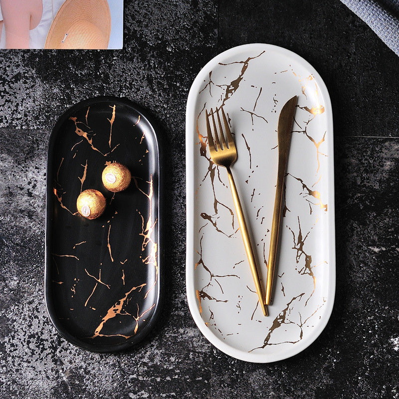 Nordic Style Marble Pattern Rectangular Ceramic Plate Irregular Western Food Plate Sushi Plate Household Tray Jewelry Plate