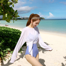 跨境新款海边度假薄款比基尼 温泉游泳衣外搭套头罩衫女沙滩衣白T