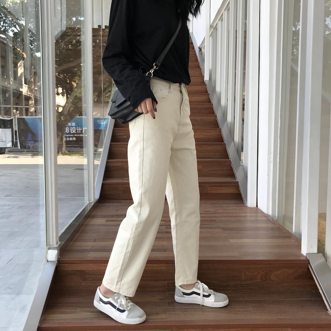 Cross-border Supply 2023 Primavera e Autunno Stile coreano Nuovo Studente O Ff-White Jeans a gamba dritta per donna, gamba larga_voghion.com