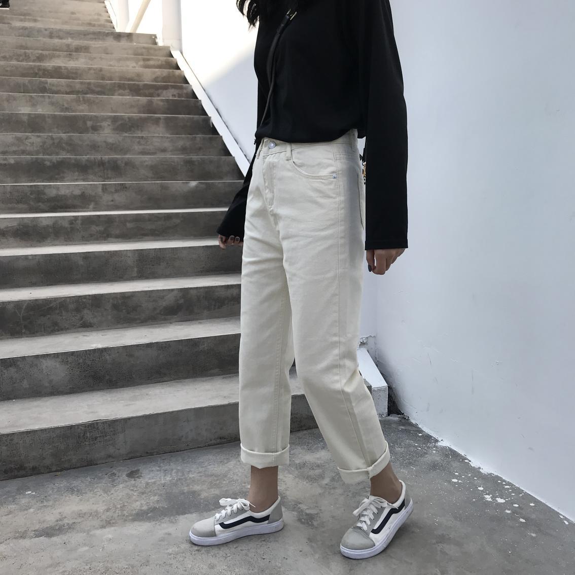 Cross-border Supply 2023 Primavera e Autunno Stile coreano Nuovo Studente O Ff-White Jeans a gamba dritta per donna, gamba larga_voghion.com