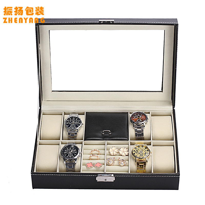 现货黑色pu皮革开窗8位手表2位首饰戒指收纳展示包装箱首饰盒