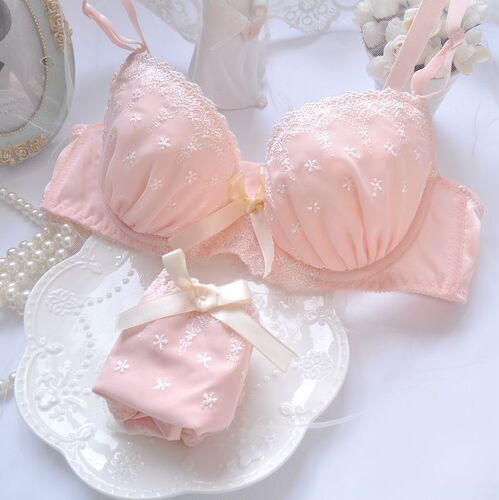 Japanese three-color chiffon embroidered thin cup girl cute push-up sexy underwear set bra set with DE code