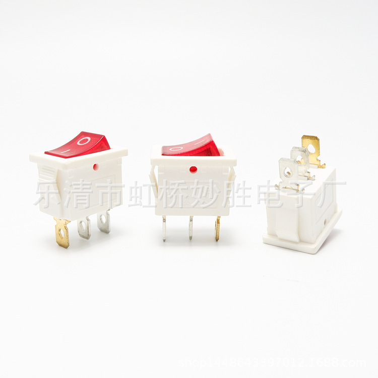 船型开关KCD1三脚带灯白底红盖LED12V翘板电源开关方形15*21铜脚