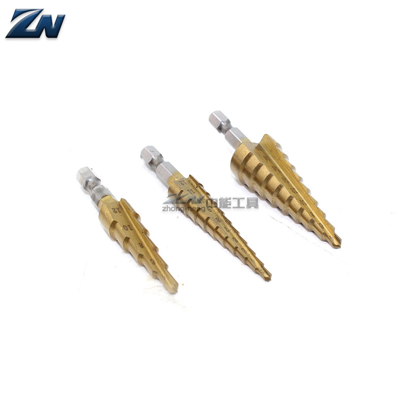 Directo de fábrica hexagonal mango recto ranura de titanio plateado paso taladro escariado traje de taladro al por mayor pagoda Taladro