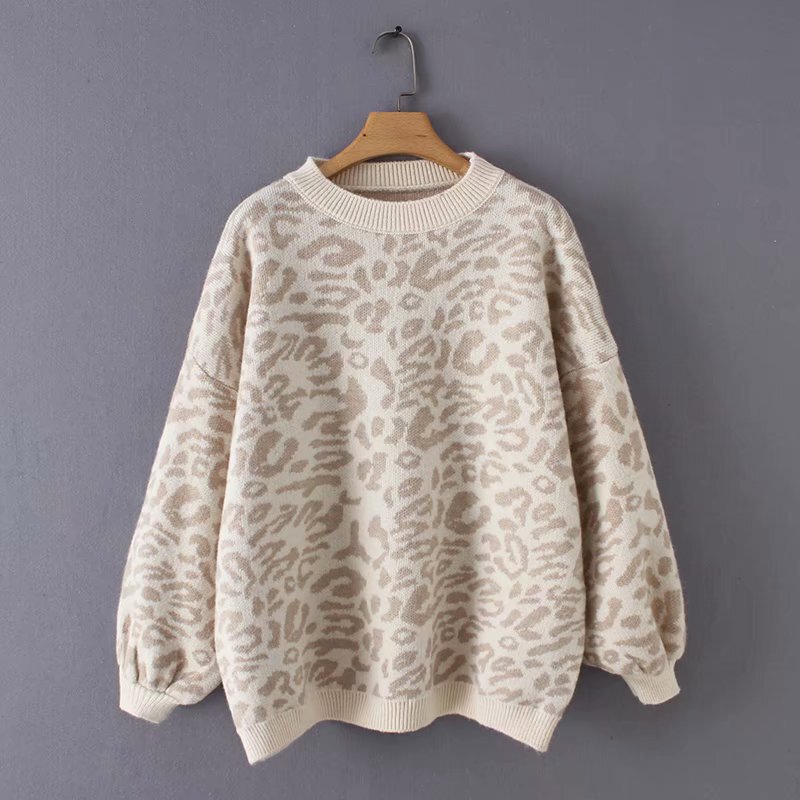 Autumn and Winter new European and American loose round neck leopard print lantern sleeve sweater pullover Amazon foreign trade women's clothing